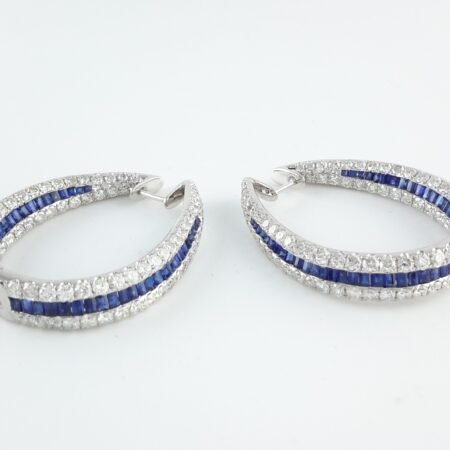 SAPPHIRE & DIA 18KW OVAL HOOP EARRINGS - CE782