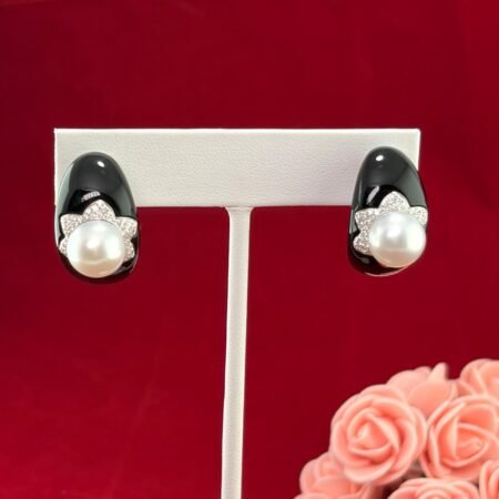 18K PEARL & Onyx DIAMOND EARRINGS - E4057