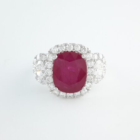 RUBY & DIA 14KW 3-STONE RING - R11346