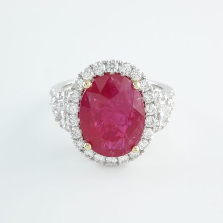 RUBY & DIA 14KW 3-STONE RING - R11347